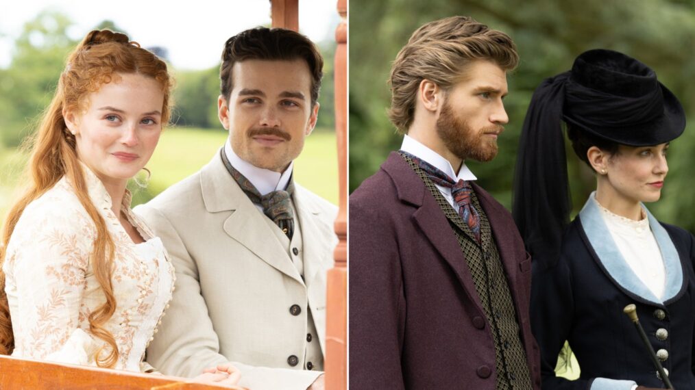 Millie Gibson as Irene and Joshua Orpin as Soames in The Forsytes; Danny Griffin as Jolyon Jr and Tuppence Middleton as Frances in The Forsytes