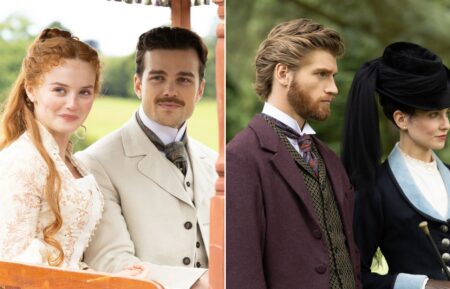 Millie Gibson as Irene and Joshua Orpin as Soames in The Forsytes; Danny Griffin as Jolyon Jr and Tuppence Middleton as Frances in The Forsytes