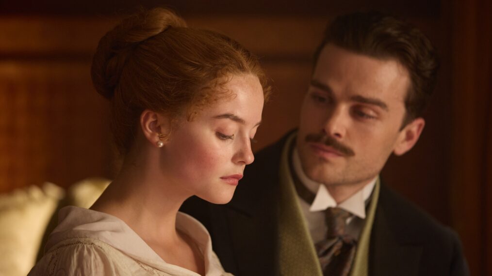 Millie Gibson as Irene and Joshua Orpin as Soames in The Forsytes