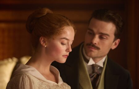 Millie Gibson as Irene and Joshua Orpin as Soames in The Forsytes