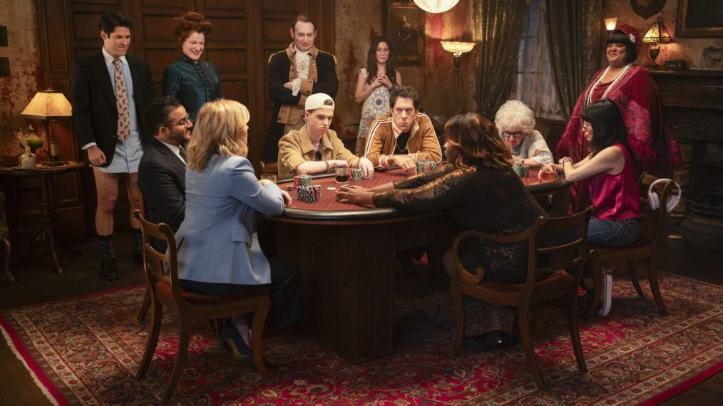 Asher Grodman, Ennis Esmer, Rebecca Wisocky, Rose McIver, Brandon Scott Jones, Iain Armitage, Sheila Carrasco, Jonathan Kite, Lanisa Renee Frederick, Jayne Eastwood, Stephanie Ng Wan, and Danielle Pinnock in 'Ghosts' Season 5