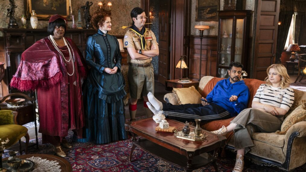 Danielle Pinnock, Rebecca Wisocky, Richie Moriarty, Utkarsh Ambudkar, and Rose McIver in 'Ghosts' Season 5