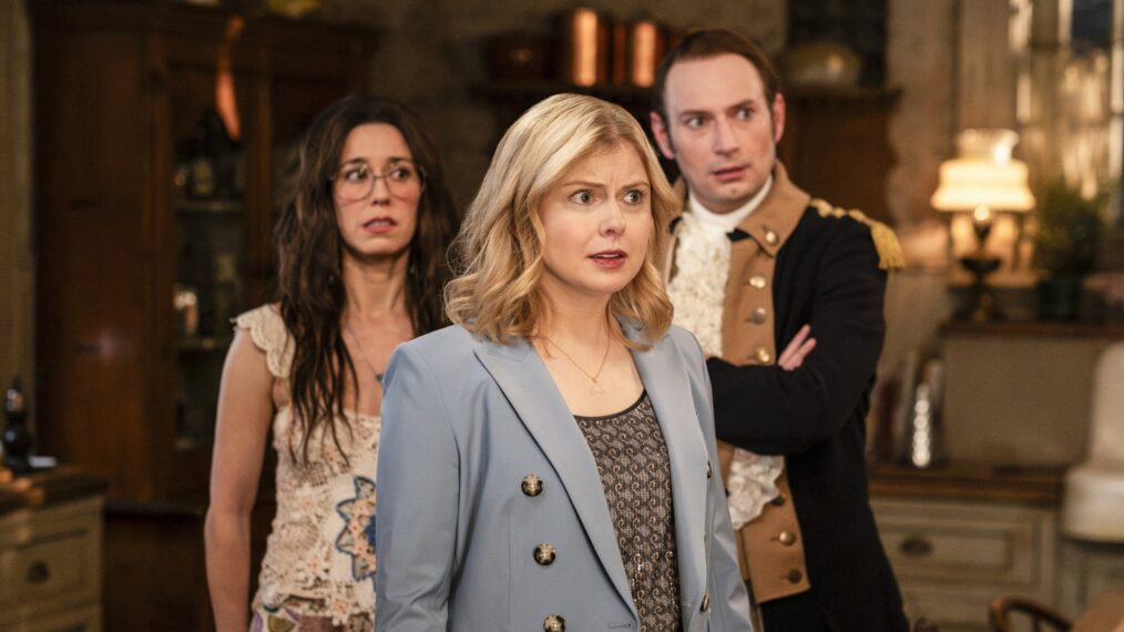 Sheila Carrasco, Rose McIver, and Brandon Scott Jones in 'Ghosts' Season 5