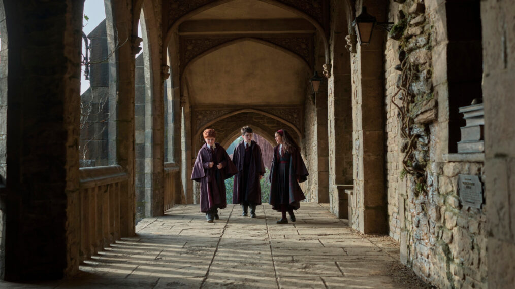 Alastair Stout as Ron Weasley, Dominic McLaughlin as Harry Potter, and Arabella Stanton as Hermione Granger in HBO's 'Harry Potter and the Philosopher's Stone'