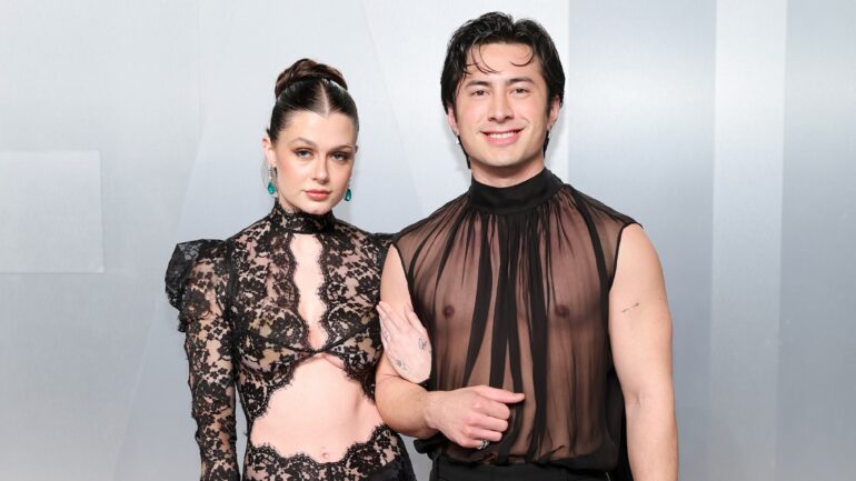 Hudson Williams and his girlfriend Katelyn attend the 2026 Vanity Fair Oscar Party Hosted By Mark Guiducci at Los Angeles County Museum of Art on March 15, 2026 in Los Angeles, California.