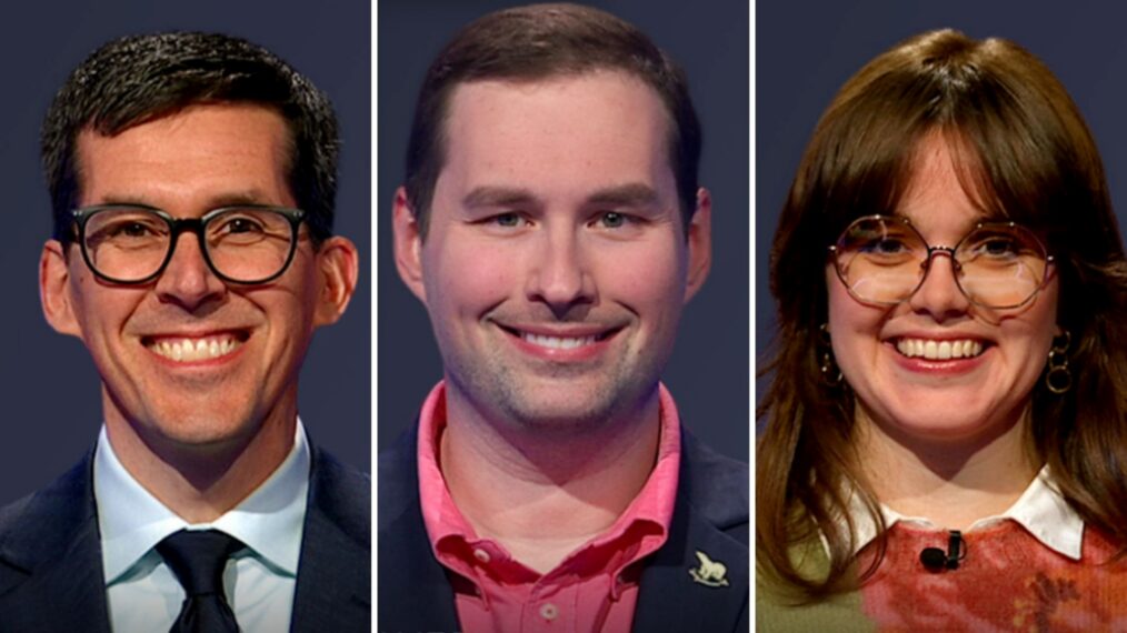 'Jeopardy!' contestants (from left) Chris Kearney, James Denison, and Molly Hackett, on March 11, 2026