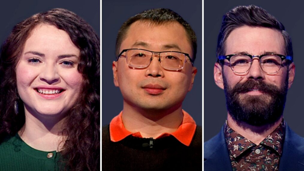 'Jeopardy!' contestants (from left) Carman Nareau, Jamie Ding, anf Aidan O'Connell, on March 17, 2026