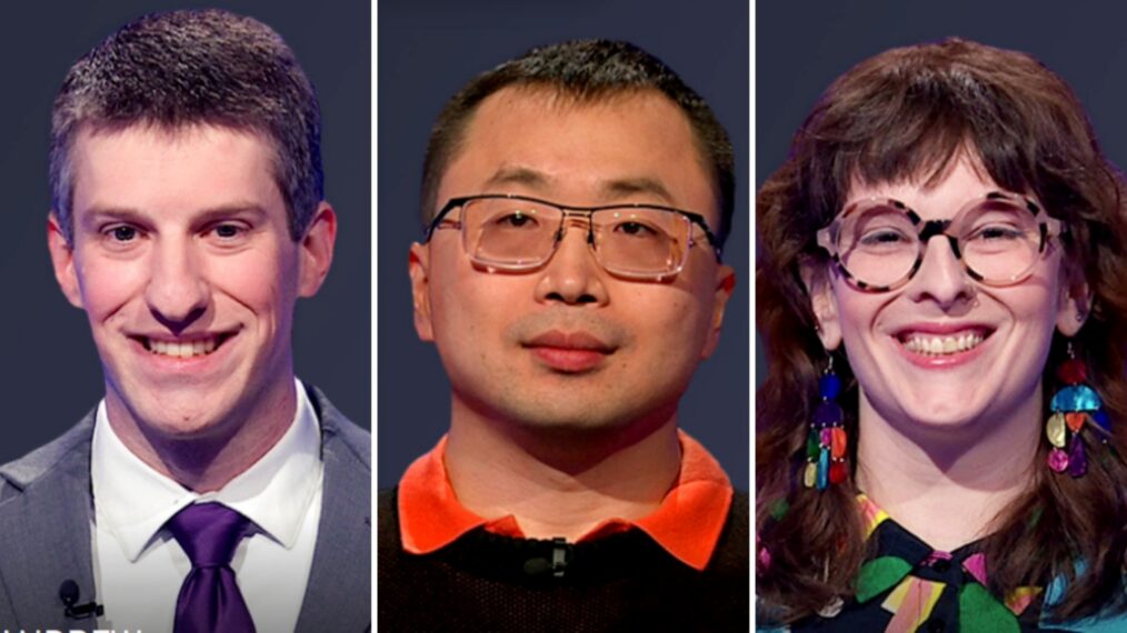 (from left) 'Jeopardy!' contestants Andrew Ford, Jamie Ding, and Shannon Thomas, on March 16, 2026