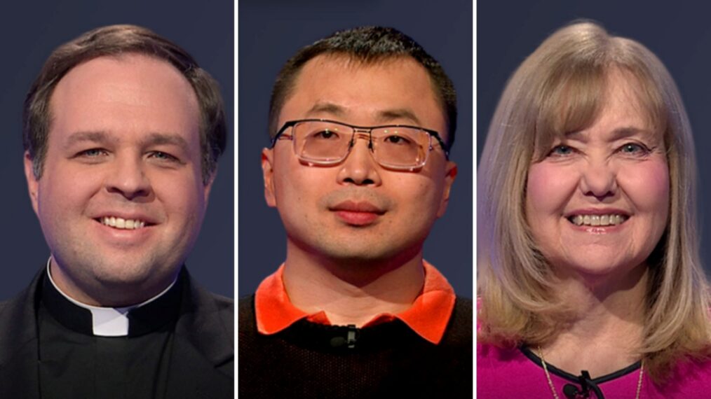 'Jeopardy!' contestants (from left) Fr. Paul Baker, Jamie Ding, and Barbara McIntyre, on March 30, 2026