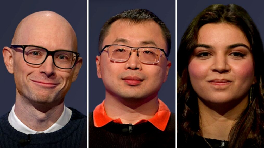 'Jeopardy!' contestant (from left) Brent Wilson, Jamie Ding, and Tanya Iyer, on March 27, 2026