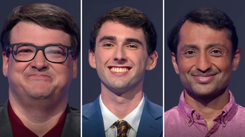 'Jeopardy!' contestants (from left) Cory Aiello, Quentin Powers, and Nishal Shah, on March 5, 2026