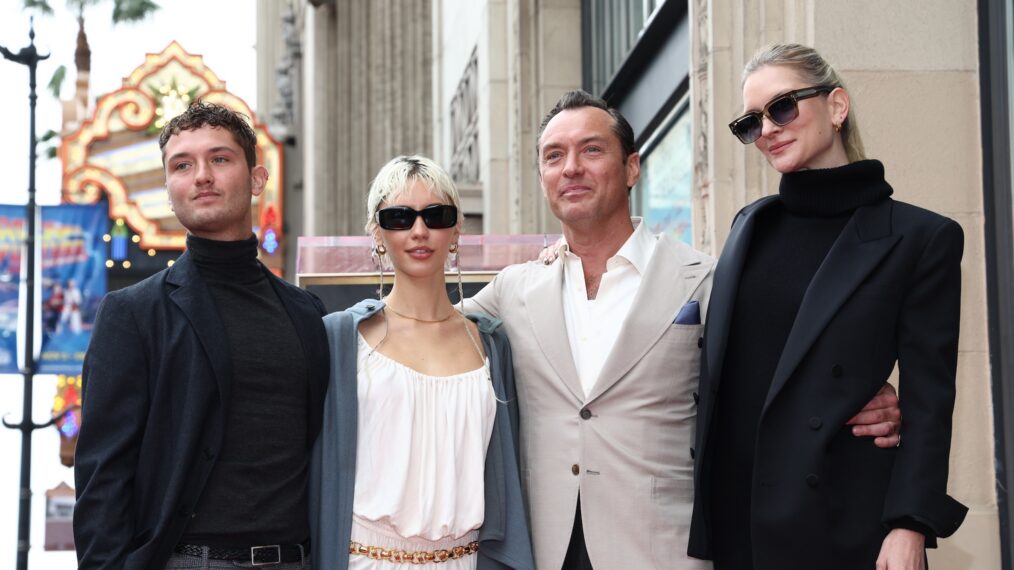 Raff Law, Iris Law, Jude Law and Phillipa Coan attend Jude Law's Hollywood Walk of Fame Star Ceremony on December 12, 2024 in Hollywood, California.