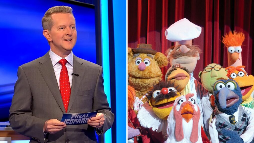 (left) Ken Jennings on 'Jeopardy!', (right) rear l-r: Fozzie Bear, Janice, Swedish Chef, Dr. Bunsen Honeydew, Beaker, Scooter, Dr. Teeth, front l-r: Sgt. Floyd Pepper, Lew Zealand, Camilla, Gonzo, 2011