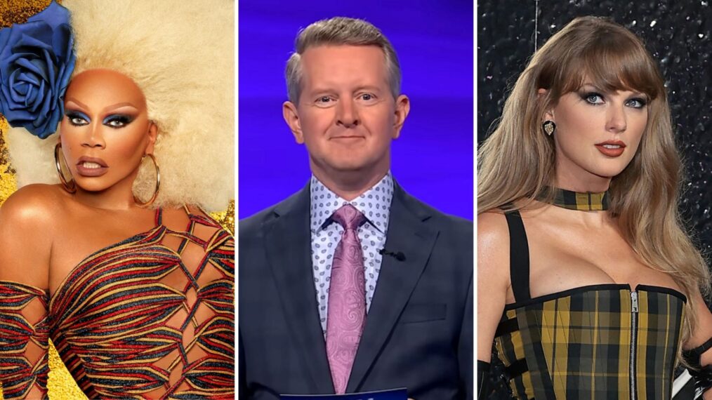(left) RuPaul on 'Drag Race,' (middle) Ken Jennings on 'Jeopardy!, (right) Taylor Swift at an award show 2025