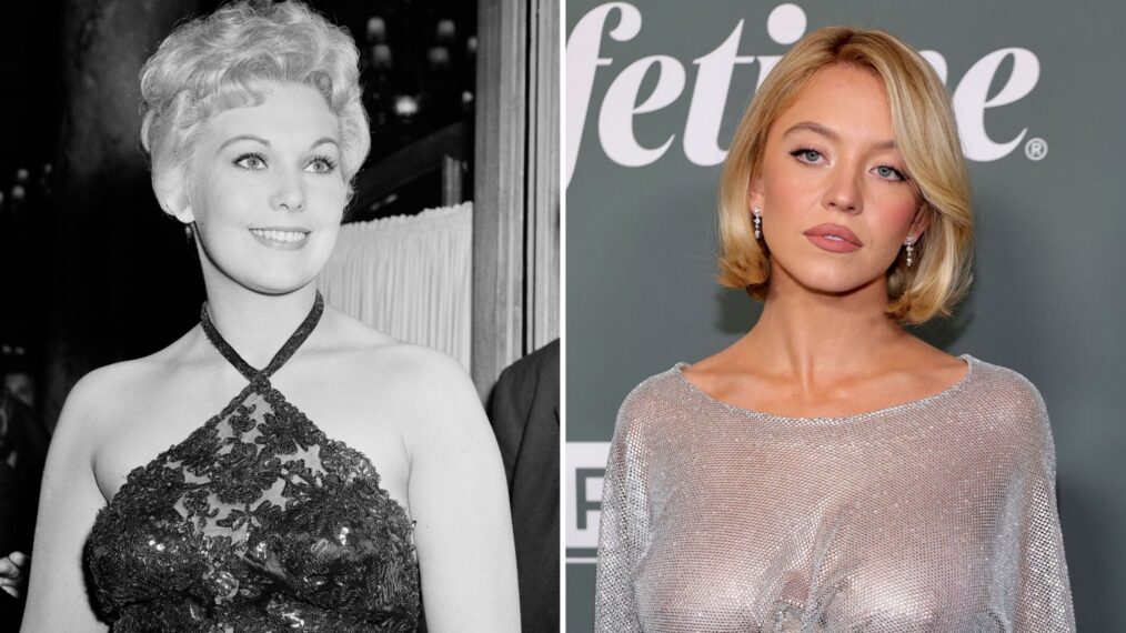 Kim Novak at a nightclub in Cannes, France, during the Cannes Film Festival on April 27, 1956; Sydney Sweeney attends Variety's 2025 Power of Women at the Beverly Hills Hotel on October 29, 2025, in Beverly Hills, California