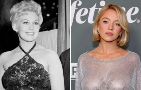 Kim Novak at a nightclub in Cannes, France, during the Cannes Film Festival on April 27, 1956; Sydney Sweeney attends Variety's 2025 Power of Women at the Beverly Hills Hotel on October 29, 2025, in Beverly Hills, California