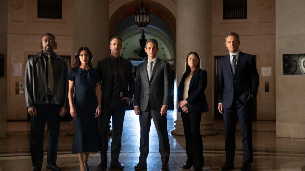 David Ajala as Detective Theo Walker, Odelya Halevi as A.D.A. Samantha Maroun, Reid Scott as Detective Vincent Riley, Hugh Dancy as A.D.A. Nolan Price, Maura Tierney as Lieutenant Jessica Brady, Tony Goldwyn as District Attorney Nicholas Baxter — 'Law & Order' Season 25