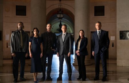 David Ajala as Detective Theo Walker, Odelya Halevi as A.D.A. Samantha Maroun, Reid Scott as Detective Vincent Riley, Hugh Dancy as A.D.A. Nolan Price, Maura Tierney as Lieutenant Jessica Brady, Tony Goldwyn as District Attorney Nicholas Baxter — 'Law & Order' Season 25