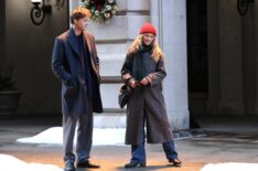 Christopher Briney and Michelle Randolph are seen filming at the 'Clashing Through The Snow' set in the Upper West Side, Manhattan on March 19, 2026 in New York City.