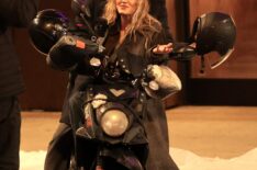 Christopher Briney and Michelle Randolph are seen filming at the 'Clashing Through the Snow' set in Downtown, Manhattan on March 12, 2026 in New York City.