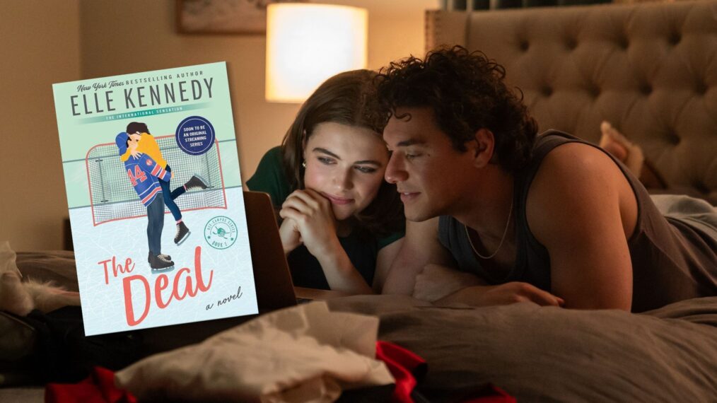 'The Deal' by Elle Kennedy book cover next to Garrett and Hannah still from 'Off Campus'
