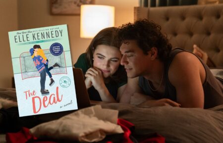 'The Deal' by Elle Kennedy book cover next to Garrett and Hannah still from 'Off Campus'