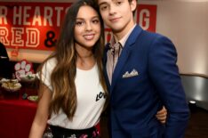 Olivia Rodrigo (L) and Joshua Bassett pose at the after party for the premiere of Disney+'s 'High School Musical: The Musical: The Series' at the Walt Disney Studio lot on November 01, 2019 in Burbank, California.