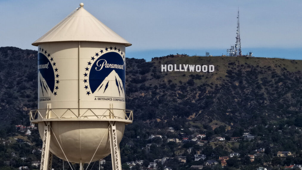 The Paramount water tower at Paramount Studios in Los Angeles, California, as seen on February 23, 2026