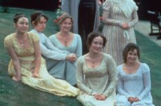 Polly Maberly, Lucy Briers, Susannah Harker, Jennifer Ehle, Julia Sawalha; back from left: Benjamin Whitrow, Alison Steadman in 'Pride & Prejudice' (1995)