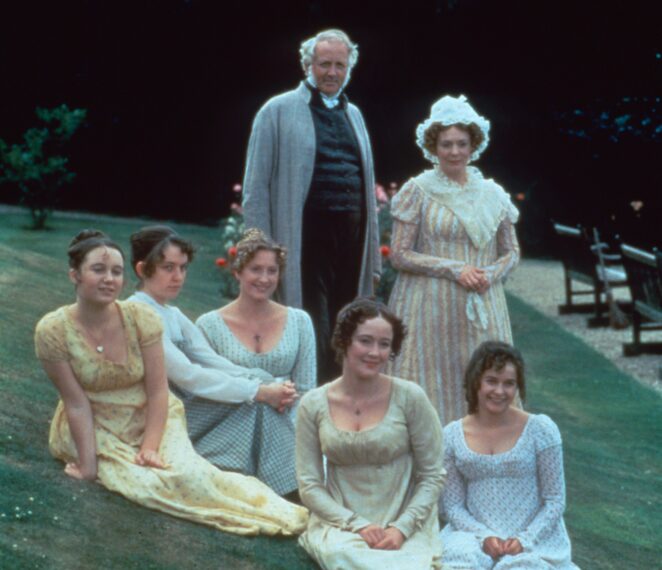 Polly Maberly, Lucy Briers, Susannah Harker, Jennifer Ehle, Julia Sawalha; back from left: Benjamin Whitrow, Alison Steadman in 'Pride & Prejudice' (1995)