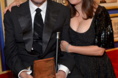 Writer Sam Simon, winner of the'Valentine Davies Award for Humanitarian Efforts and Community Service' and actress Jennifer Tilly pose in the press room at the 2014 Writers Guild Awards