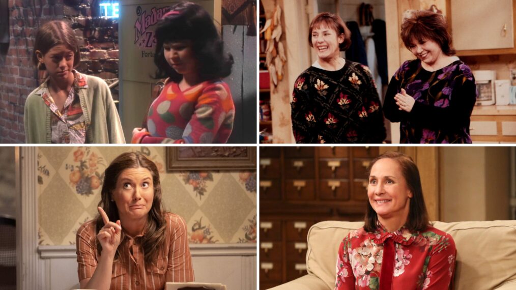 Zoe Perry as Jackie Harris and Sara Rue as Roseanne Conner in 'Roseanne,' Laurie Metcalf as Jackie Harris and Roseanne Barr as Roseanne Conner in 'Roseanne,' Zoe Perry as Mary Cooper in 'Young Sheldon,' Laurie Metcalf as Mary Cooper in 'The Big Bang Theory'