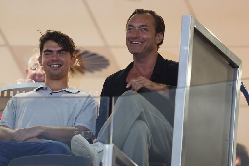 Actor Jude Law and son Rudy watch Aryna Sabalenka of Belarus against Daria Kasatkina during day six of the 2024 Brisbane International at Queensland Tennis Centre on January 05, 2024 in Brisbane, Australia.