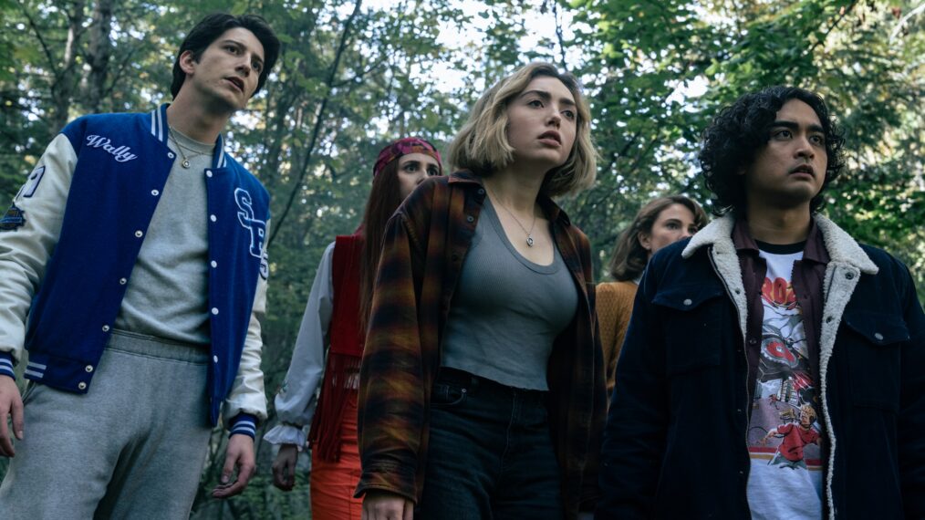 L-R: Milo Manheim as Wally Clark, RaeAnne Boon as Dawn, Peyton List as Maddie Nears, Jess Gabor as Janet Hamilton and Kristian Ventura as Simon Elroy in 'School Spirits' Season 3