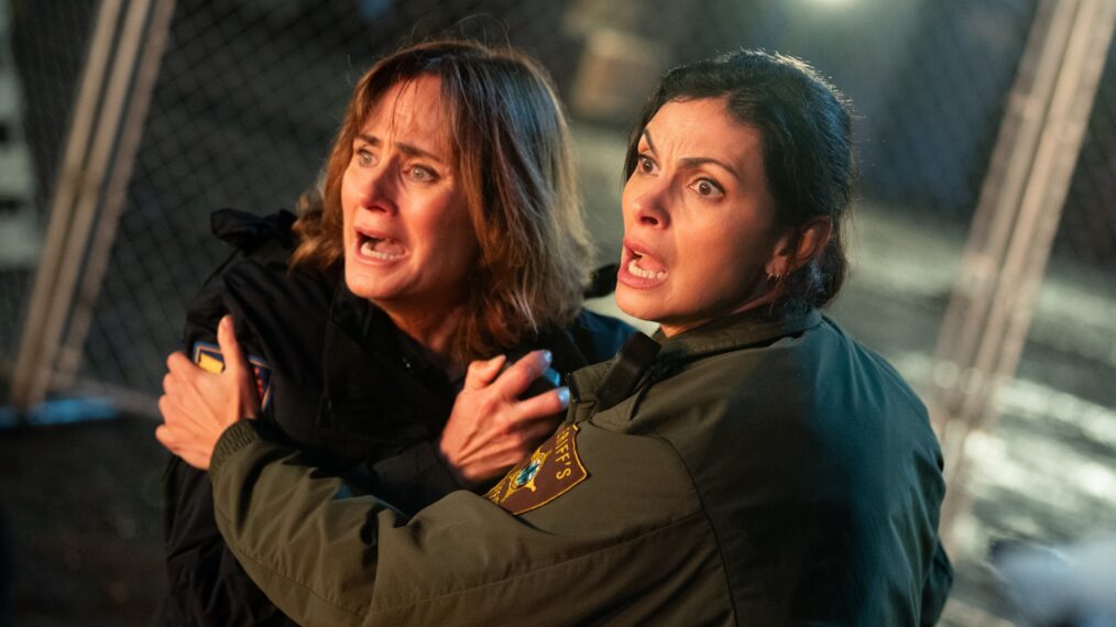 Diane Farr as Sharon Leone and Morena Baccarin as Sheriff Mickey Fox — 'Sheriff Country' Crossover With 'Fire Country' 'The Finest'