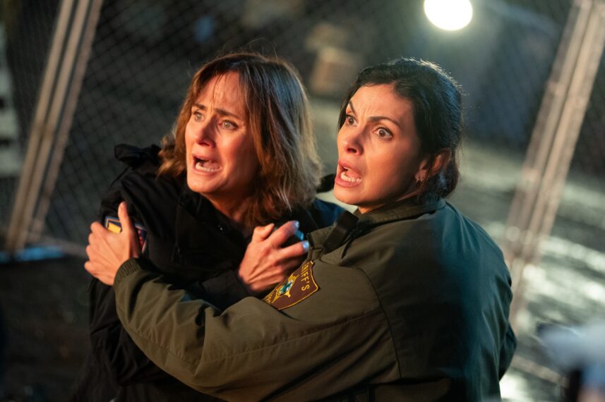 Diane Farr as Sharon Leone and Morena Baccarin as Sheriff Mickey Fox — 'Sheriff Country' Crossover With 'Fire Country' "The Finest"