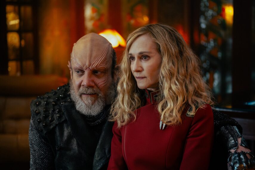 Paul Giamatti as Nus Braka and Holly Hunter as Captain Nahla Ake — 'Star Trek: Starfleet Academy' Season 1 Episode 6 "Come, Let's Away"