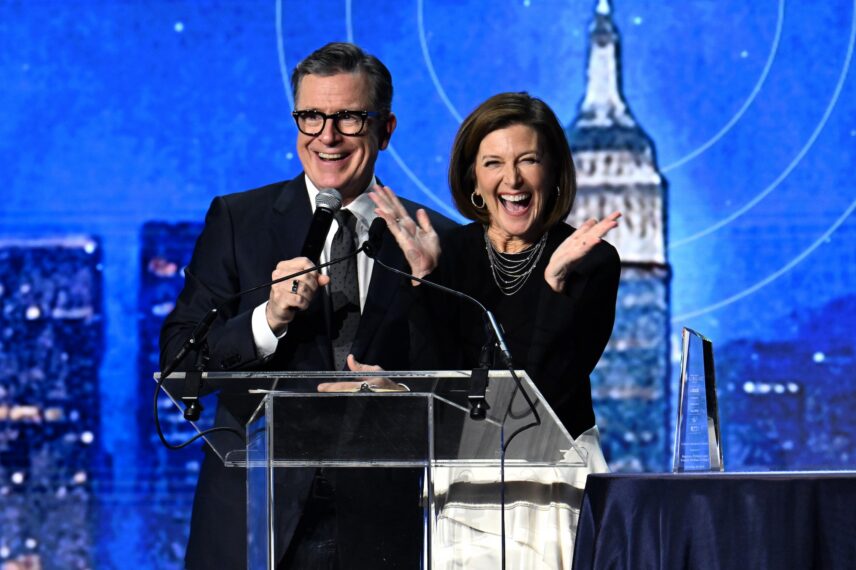 Stephen Colbert and Evelyn McGee Colbert speak onstage during the New York Public Radio Gala at the Glasshouse on November 18, 2025 in New York City.
