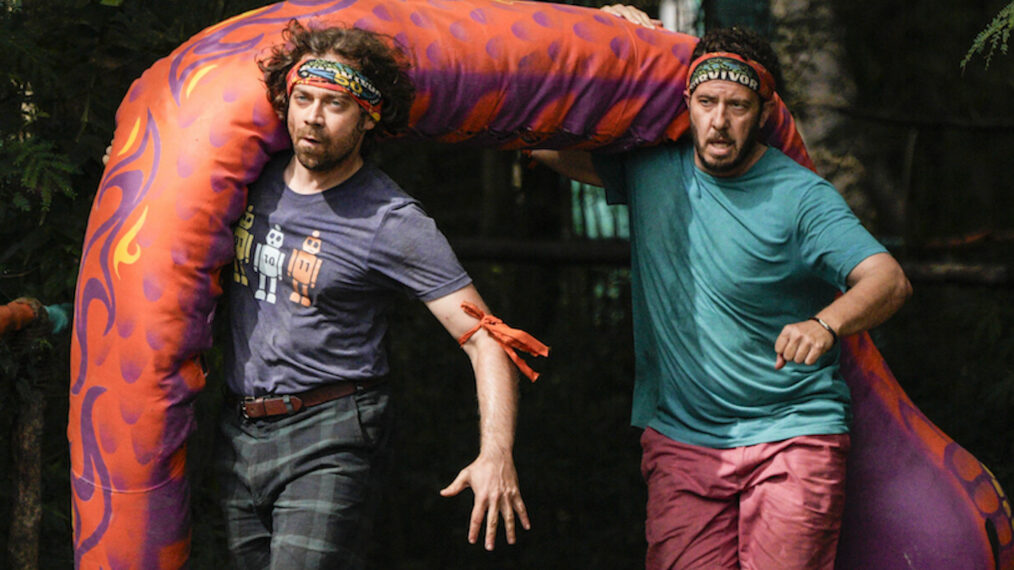 Christian Hubicki and Rick Devens compete in the 'Survivor 50' Episode 2 immunity challenge