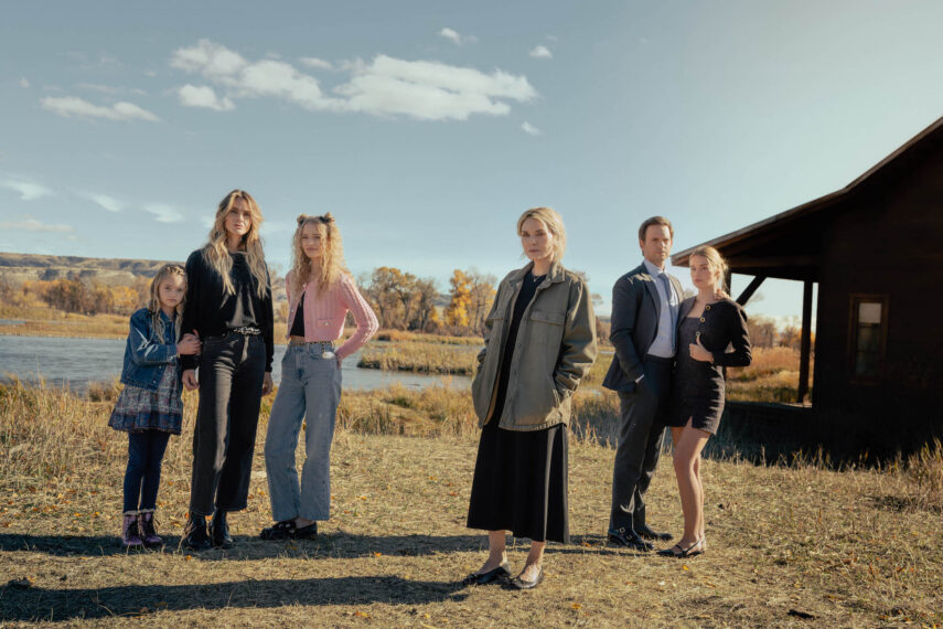 L-R: Alaina Pollack as Macy Reese, Beau Garrett as Abigail Reese, Amiah Miller as Brigitte Reese, Michelle Pfeiffer as Stacy Clyburn, Patrick J. Adams as Russell McIntosh, and Elle Chapman as Paige McIntosh in 'The Madison' Season 1 Episode 4
