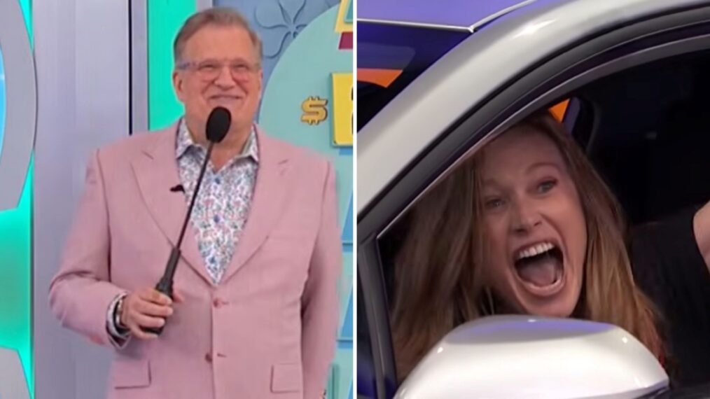 'The Price Is Right' contestant Brandi Carville (right) winning a car on March 25, 2026, (left) hot Drew Carey laughing at her