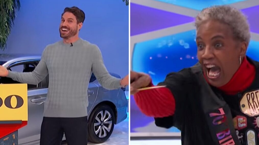 (left) 'The Price Is Right' model James O'Halloran, (left) contestant Brenda Mitchell pointing and laughing at him on March 5, 2026