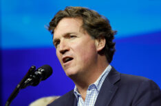 Tucker Carlson speaks during a Turning Point Action campaign rally on October 23, 2024, in Duluth, Georgia
