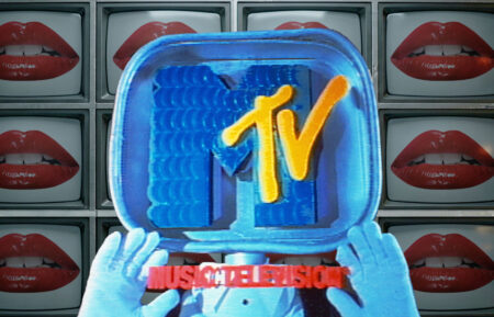 Wall of TVs with lips and MTV logo collage