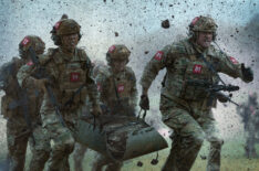 Richard Cotta as 13, Yuchen Wang as 111, Heather Burridge as 122 and Alan Ritchson as 81 in 'War Machine'