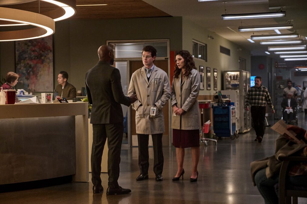 Morris Chestnut as Dr. John Watson, Peter Mark Kendall as Dr. Stephens Croft, and Inga Schlingmann as Dr. Sasha Lubbock — 'Watson' Season 2 Episode 15 
