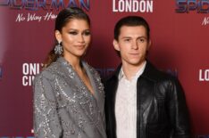 Zendaya and Tom Holland attend a photocall for 'Spiderman: No Way Home' at The Old Sessions House on December 05, 2021 in London, England.