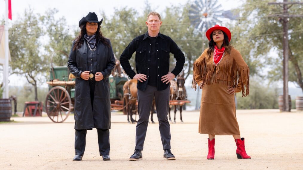 Antonia Lofaso, Bobby Flay, and Maneet Chauhan on Season 6 of Food Network's 'BBQ Brawl,' 2025.