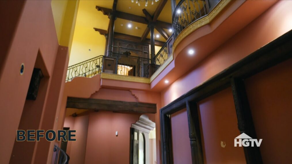 'Bachelor Mansion Takeover,' HGTV, Season 1, Episode 6, April 6, 2026, foyer before.