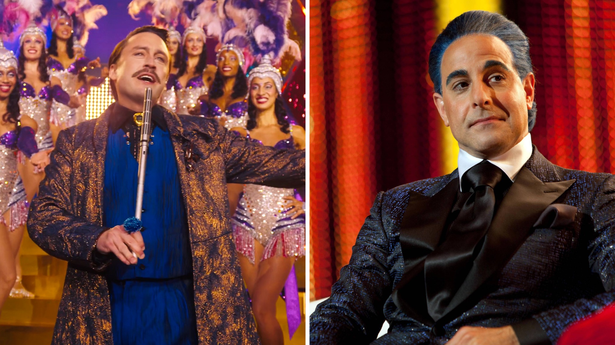 Kieran Culkin and Stanley Tucci as Caesar Flickerman in Sunrise on the Reaping and The Hunger Games